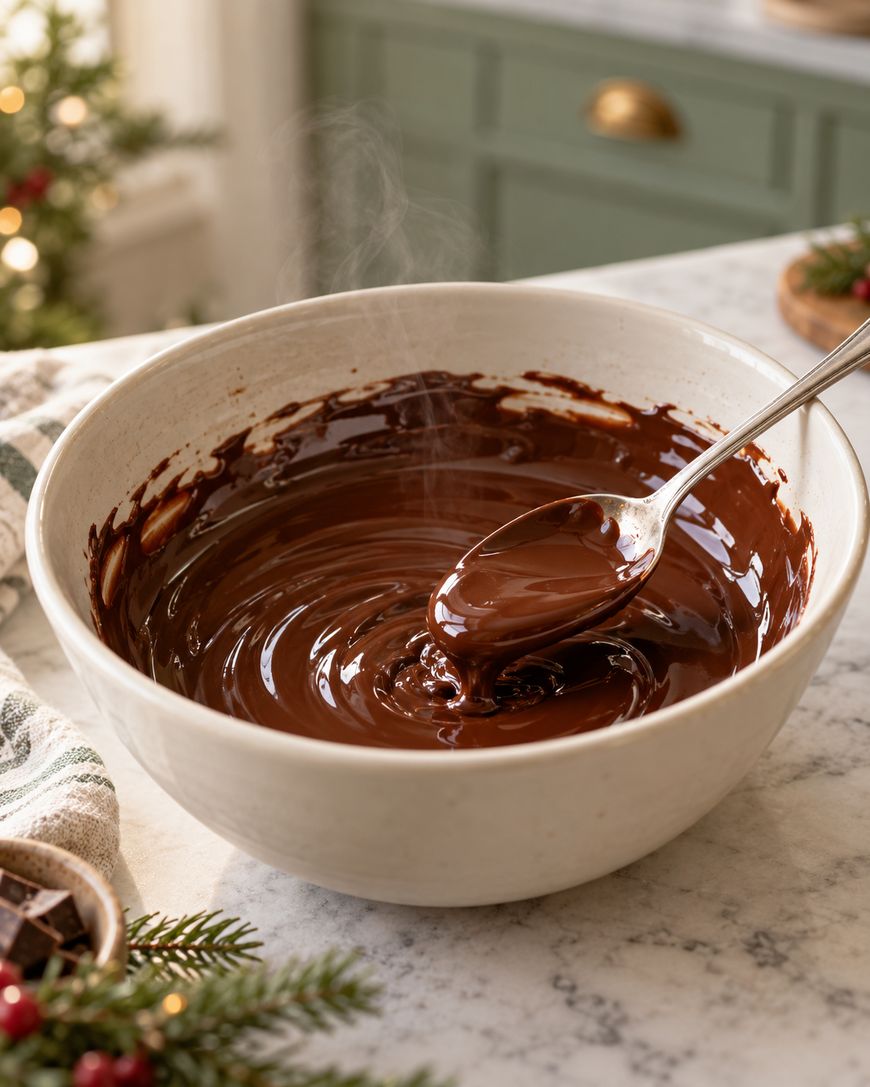 A spoon stirs smooth, melted chocolate in a white bowl on a marble countertop, with steam rising. Holiday greenery and a small chocolate bar are nearby.