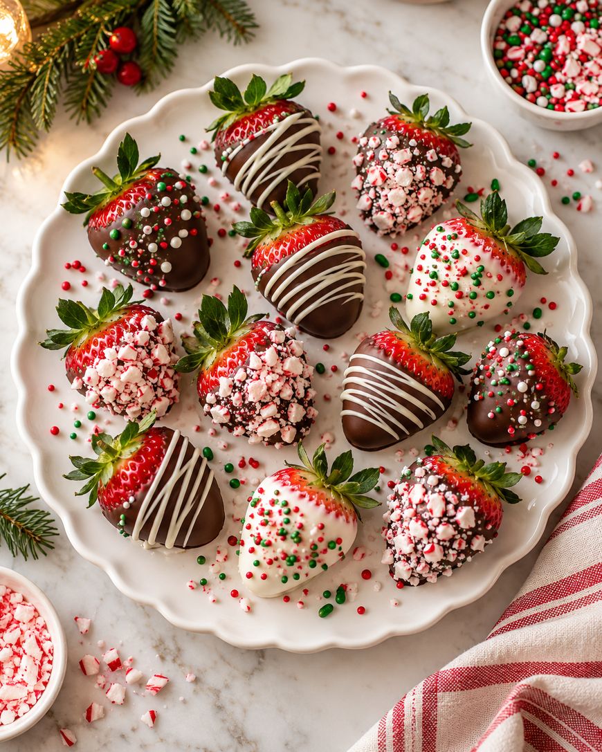 A white plate with strawberries dipped in chocolate and white chocolate, decorated with festive sprinkles and crushed peppermint, surrounded by bowls of sprinkles and a red-striped napkin.