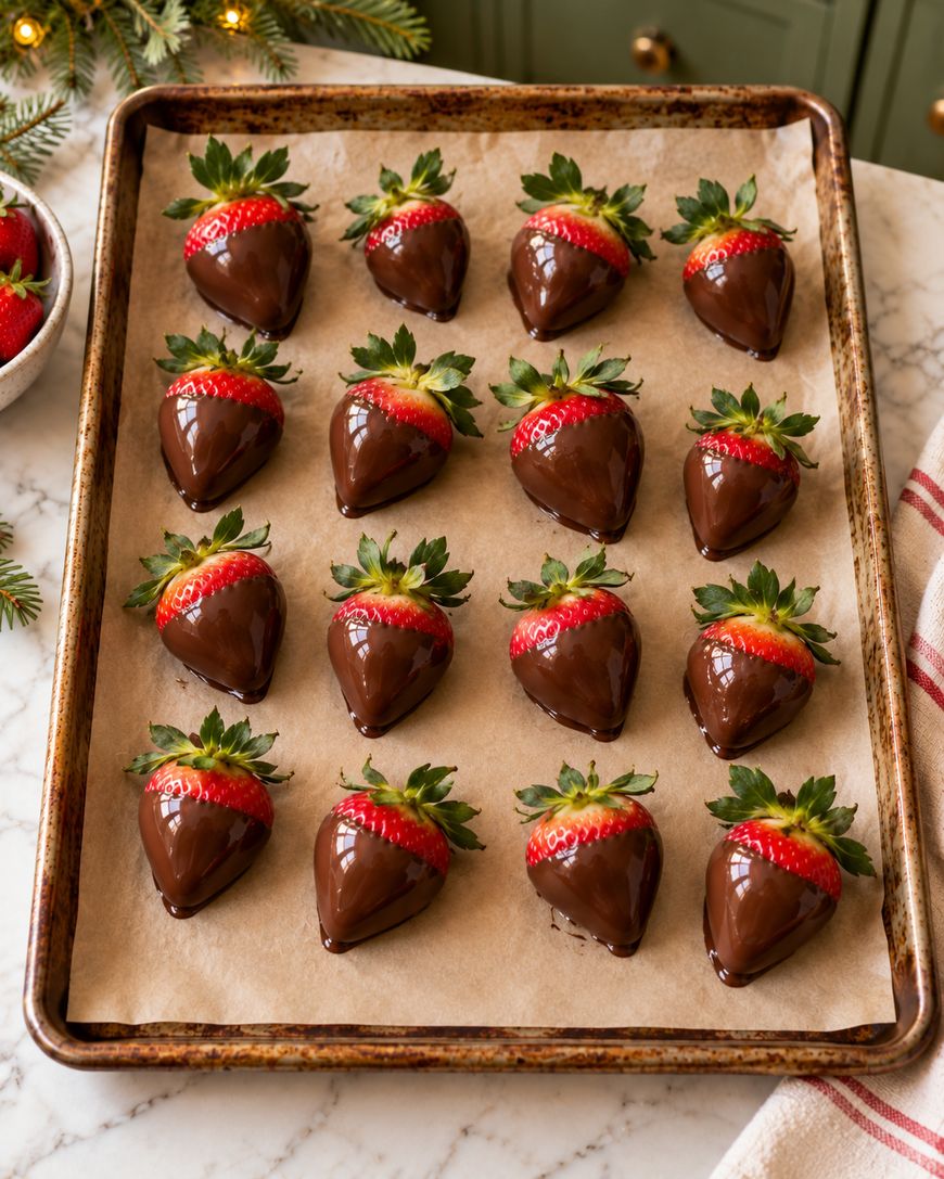 A baking tray lined with parchment paper holds fifteen fresh strawberries dipped halfway in chocolate, neatly arranged in rows.