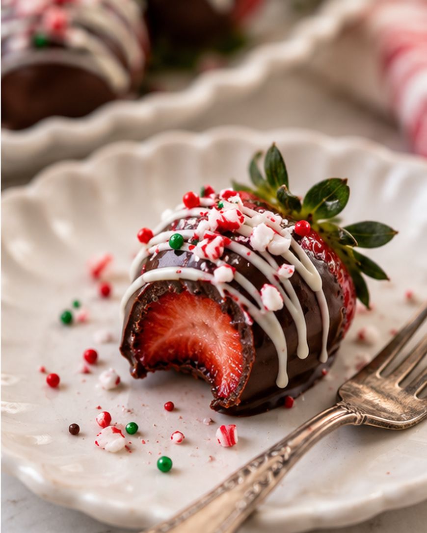 Chocolate-covered strawberry with a bite taken out, drizzled with white chocolate and topped with crushed candy cane and festive sprinkles, sits on a white plate with a fork.