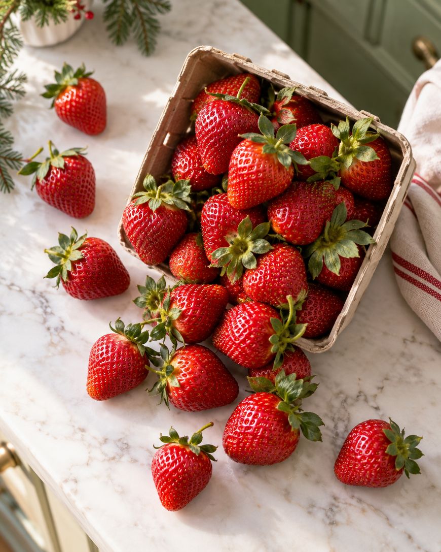 A basket of fresh strawberries is tipped over on a marble countertop, with strawberries spilling out. Sunlight highlights the vibrant red color of the fruit. Some greenery and a cloth are visible in the background.