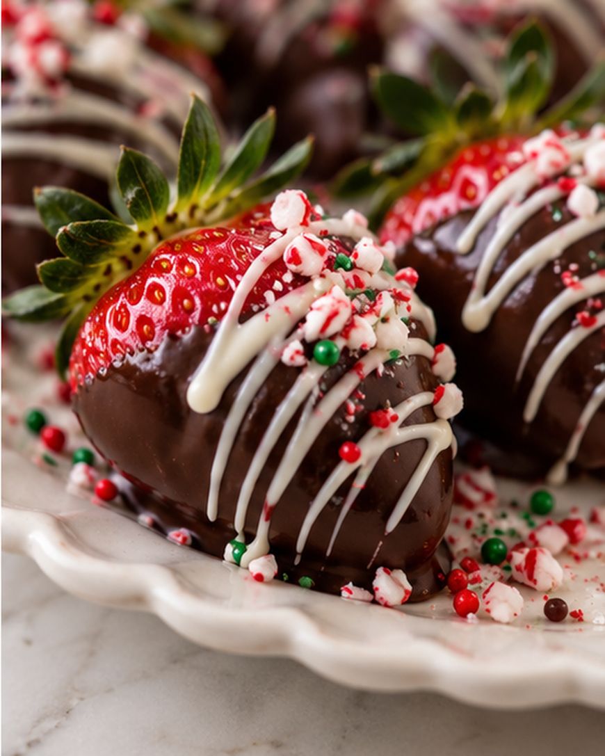 Chocolate-covered strawberry drizzled with white chocolate and topped with crushed peppermint and festive red, green, and white sprinkles on a white plate.