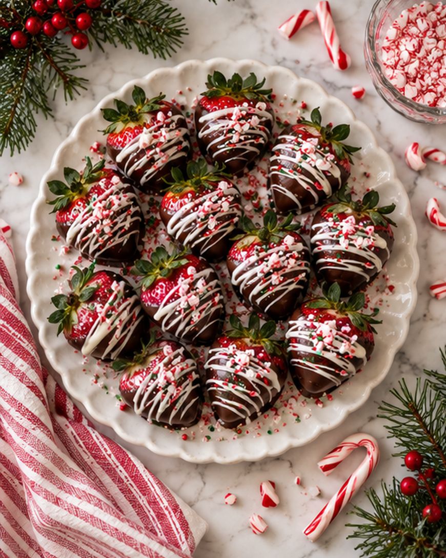 Chocolate-covered strawberries drizzled with white chocolate and topped with crushed peppermint and sprinkles are arranged on a white plate, surrounded by festive decor and candy canes.