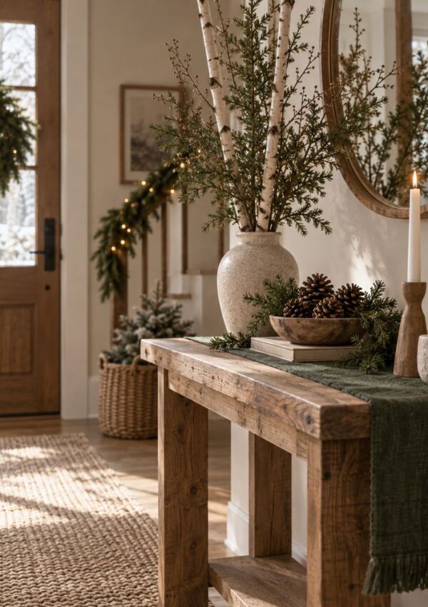 A rustic wooden table with candles, pinecones, and greenery sits by a front door decorated with a holiday wreath. Soft light streams in, creating a cozy, festive atmosphere.