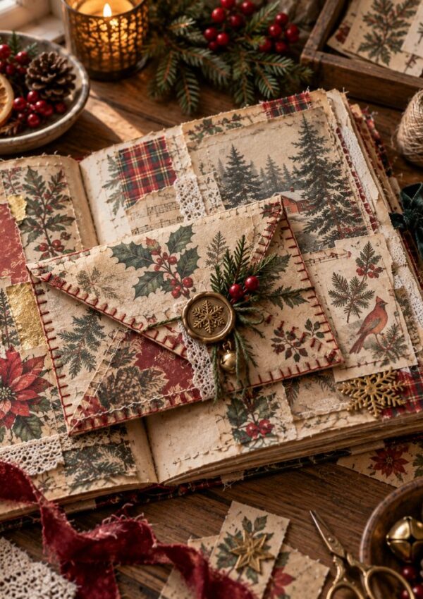 A vintage Christmas scrapbook with festive patterned pages, an envelope decorated with holly, a wax seal, and sprigs, surrounded by ribbon, berries, a candle, and rustic holiday decorations on a wooden table.