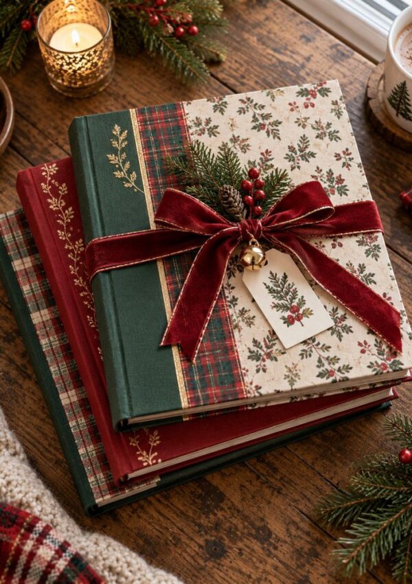 Three festive holiday journals with plaid and floral covers, one tied with a red velvet bow and tag, sit on a wooden table near a candle, mug, and holiday greenery.