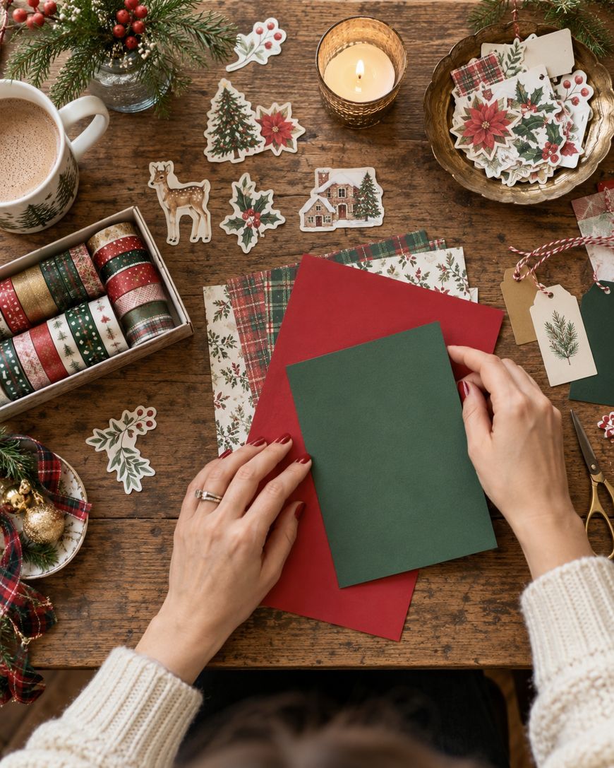 Hands holding a green card above red and patterned Christmas papers on a wooden table, surrounded by festive stickers, washi tapes, a candle, and a mug of hot chocolate.