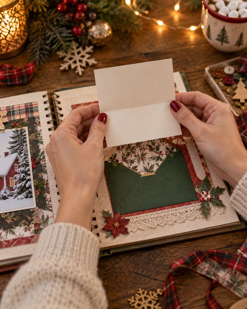 A person with red nail polish holds a blank card over an open scrapbook decorated with festive patterns, a photo, and holiday ornaments on a wooden table.