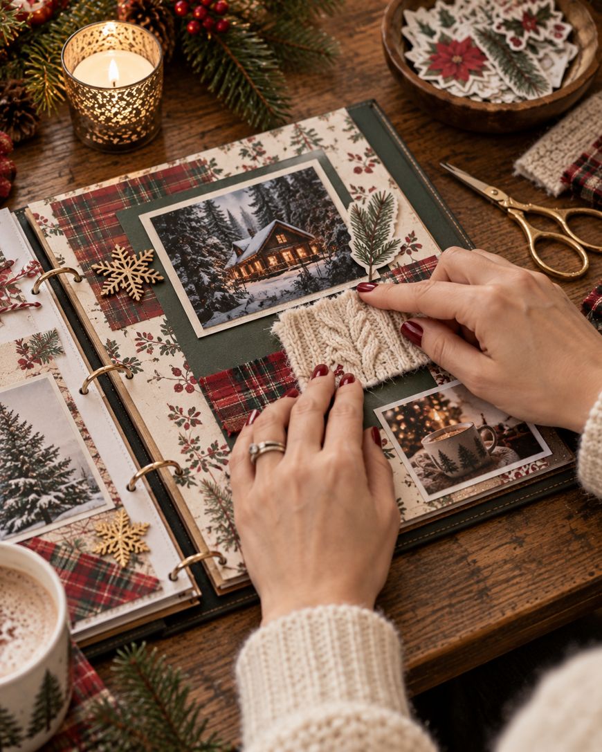 A person decorates a holiday-themed scrapbook with winter cabin photos, plaid paper, and fabric swatches. Cozy candlelight, pine branches, and a mug of hot chocolate are on the wooden table.