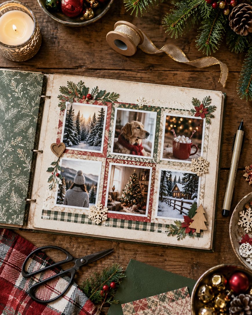 A scrapbook features six festive winter photos, holiday decorations, pine branches, scissors, ribbon, a candle, and a pen on a wooden table, creating a cozy Christmas atmosphere.