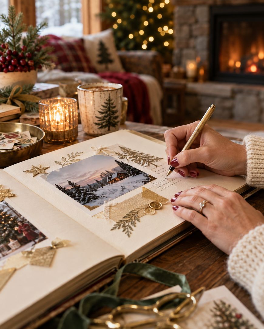 A person writes in a scrapbook decorated with photos, gold ornaments, and evergreen branches. Cozy candles, a mug, and a fireplace create a warm holiday atmosphere in a rustic living room.