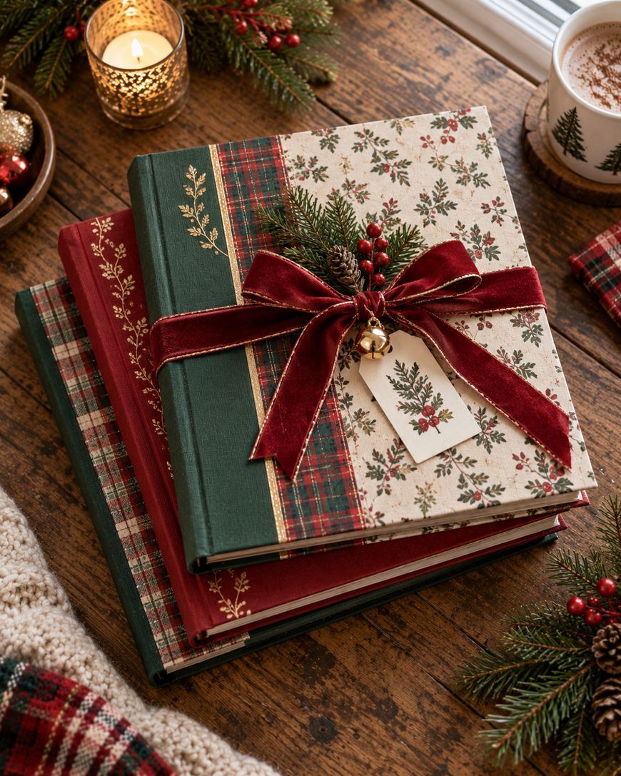 Three festive journals with plaid, floral patterns, and a red velvet bow are stacked on a wooden table near a candle, knit blanket, greenery, and a mug of cocoa, creating a cozy holiday atmosphere.