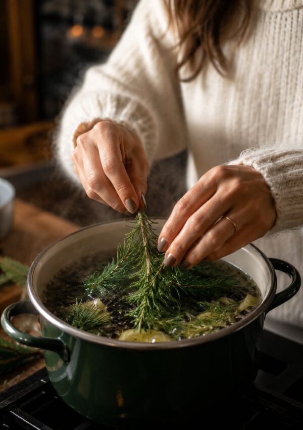 A person in a cream sweater adds fresh pine sprigs to a simmering pot on a stovetop, with steam rising from the pot.