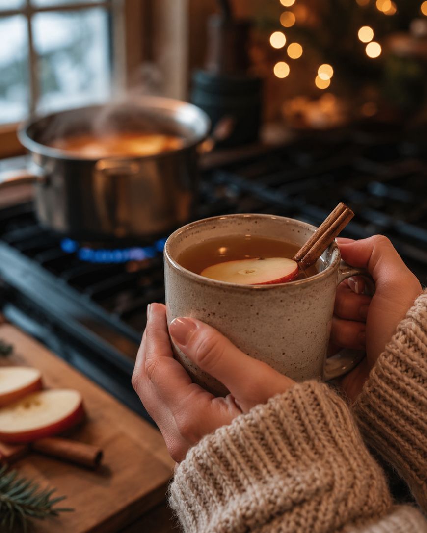 A person wearing a cozy sweater holds a mug of hot apple cider with a cinnamon stick and apple slice. A pot simmers on the stove and holiday lights glow in the background.