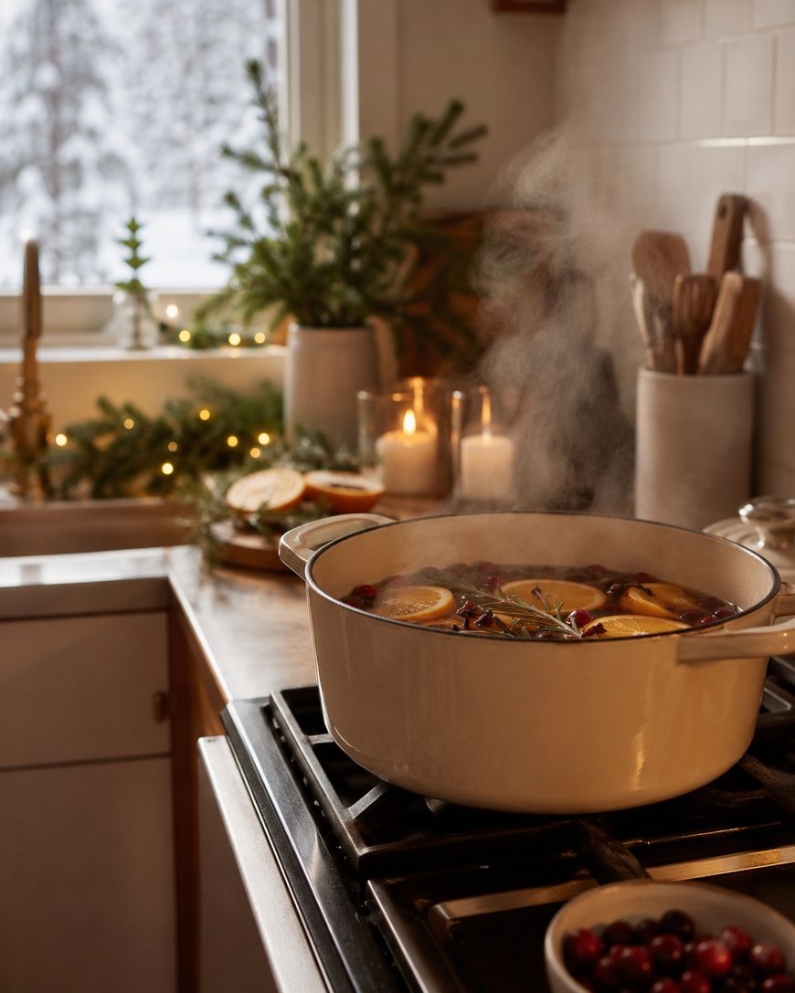 A steaming pot with oranges, cranberries, and herbs simmers on a stove in a cozy, warmly-lit kitchen decorated with candles and greenery, with a snowy landscape visible through the window.