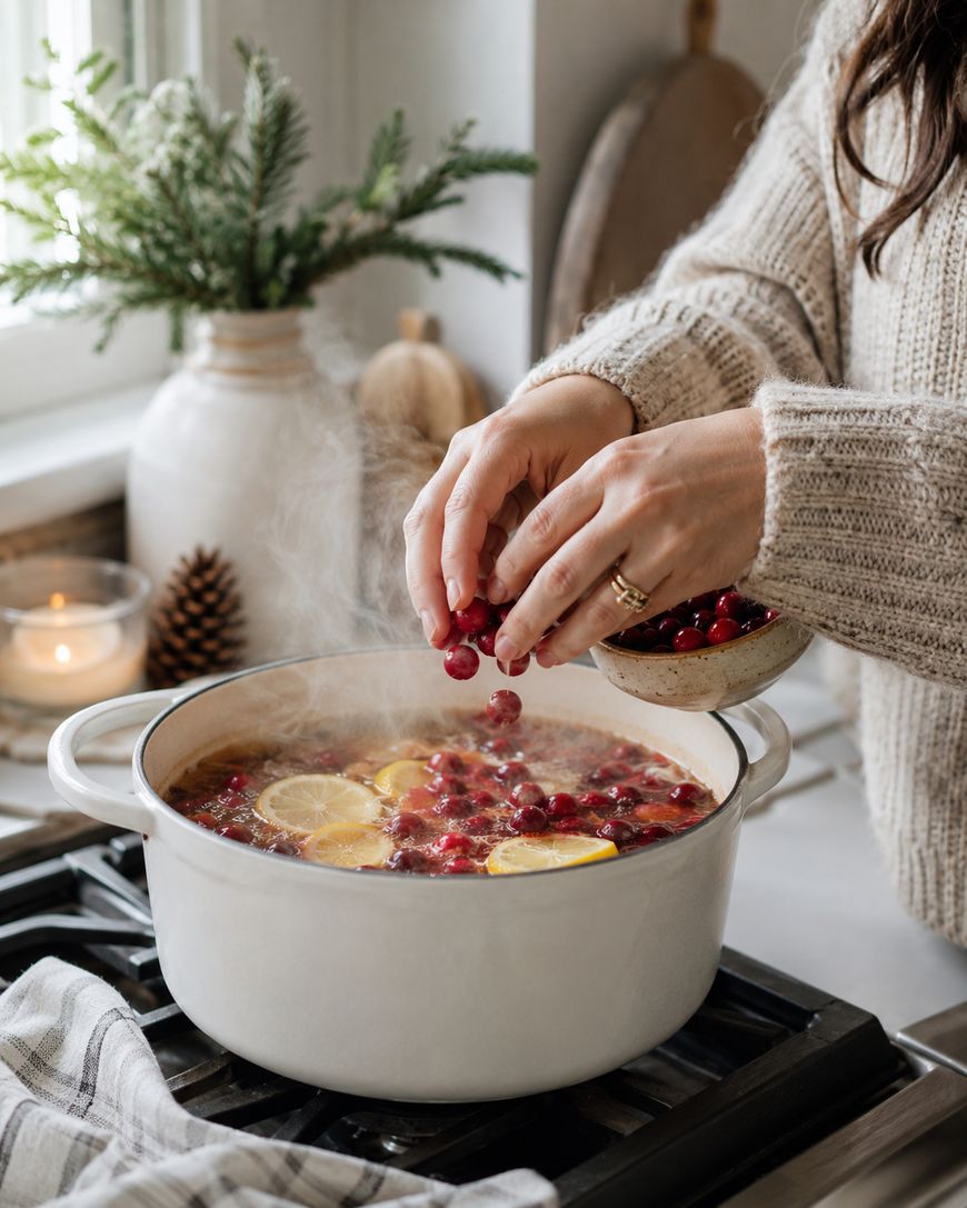 A person in a knit sweater adds cranberries to a steaming pot filled with lemon slices and berries on a stove. A candle, pine cone, and vase with greenery sit nearby, creating a cozy, winter kitchen scene.