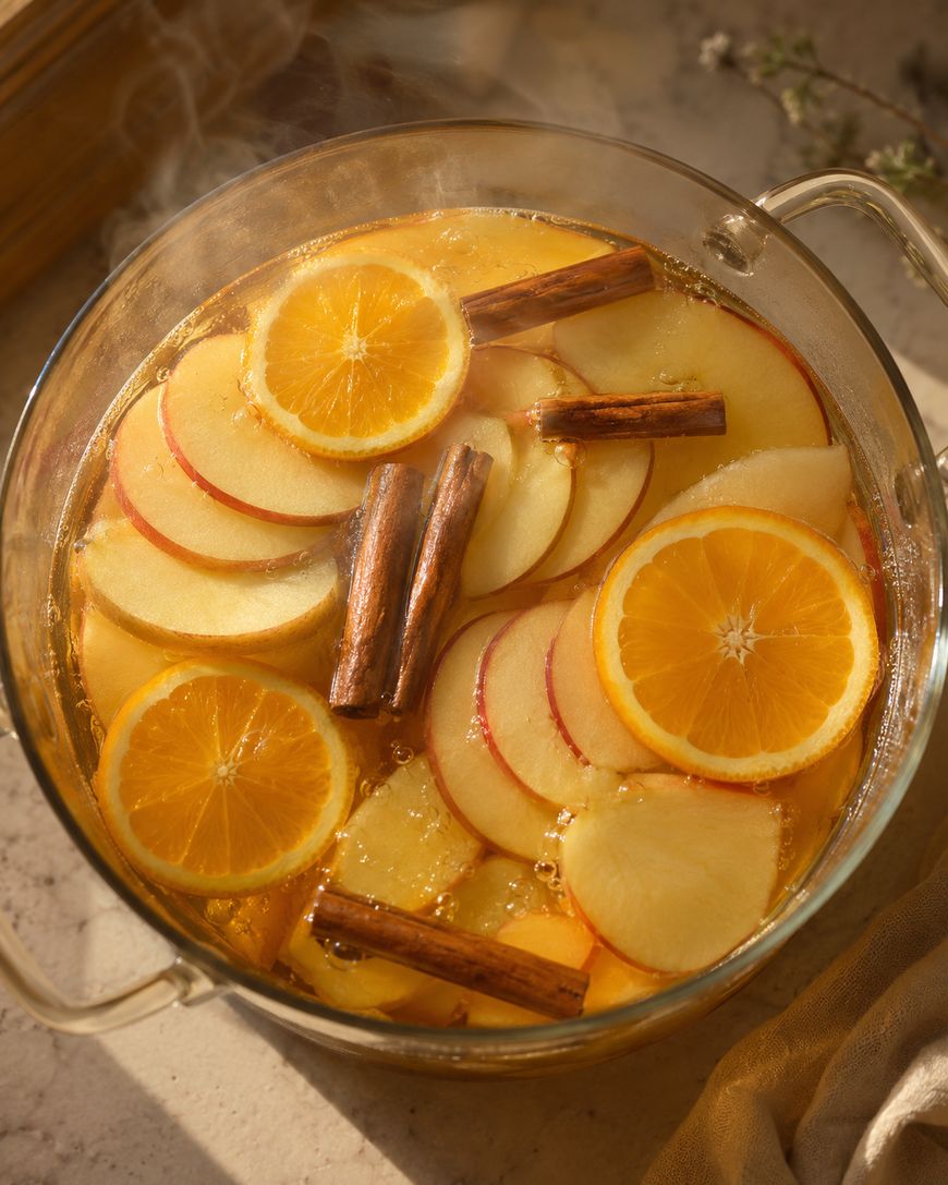 A glass pot filled with a warm drink containing orange slices, apple slices, and cinnamon sticks, with steam rising from the surface.