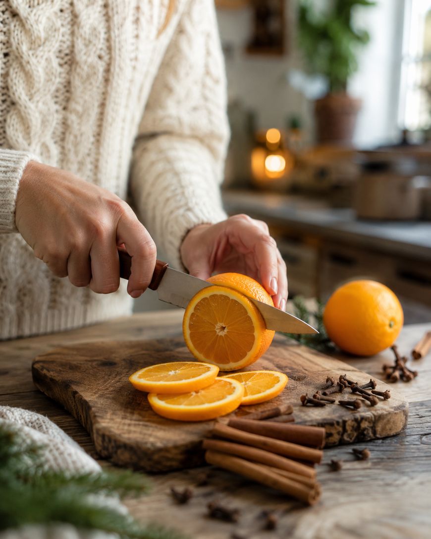 A person in a cream knit sweater slices an orange on a wooden cutting board, with orange slices, cinnamon sticks, and cloves nearby in a cozy kitchen setting.
