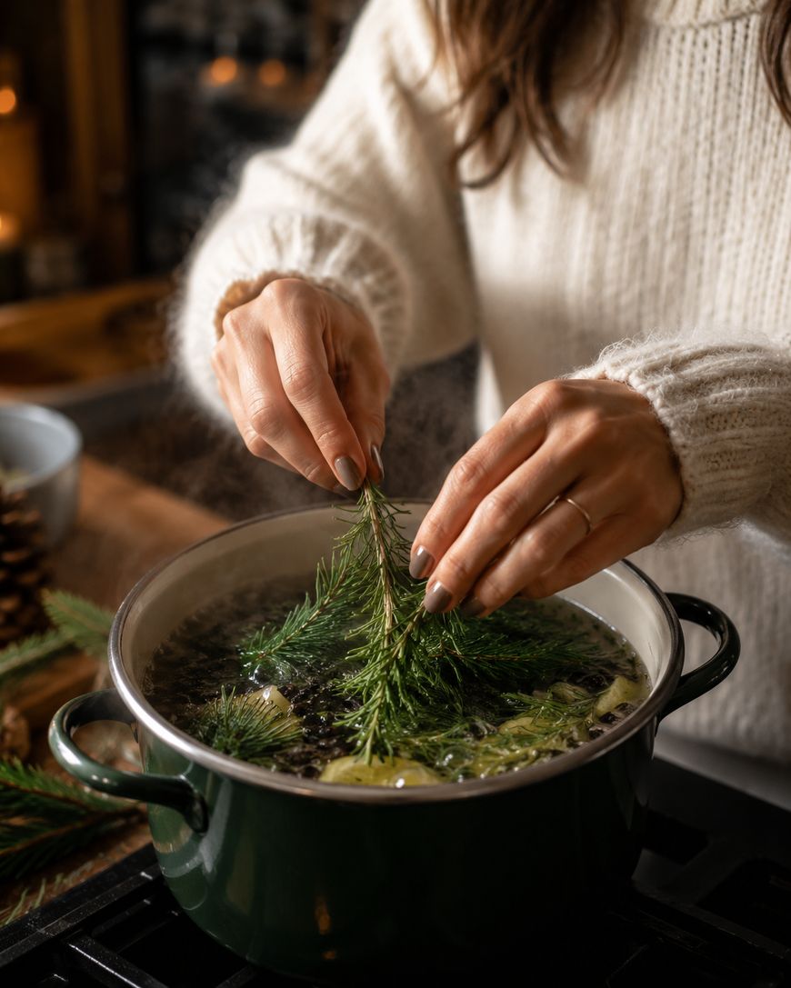 A woman in a cream sweater places a sprig of evergreen into a green pot of simmering water and herbs on a stove. Steam rises from the pot, and pine branches are nearby.