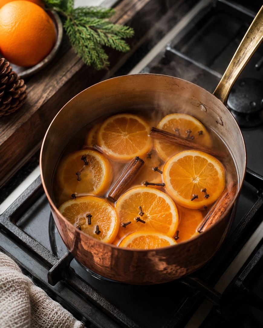 Copper pot on a stove with simmering water, orange slices, cinnamon sticks, and cloves. Pinecone, orange, and evergreen sprig in the background, creating a cozy, festive atmosphere.