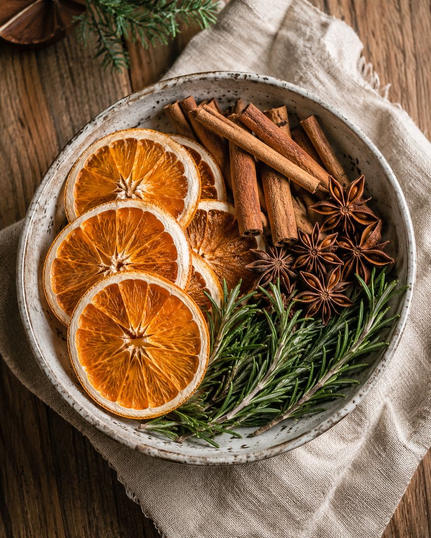 A ceramic bowl with dried orange slices, cinnamon sticks, star anise, and fresh rosemary on a beige cloth atop a wooden table.