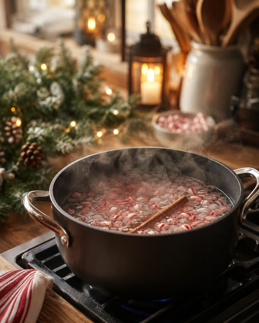 A black pot with steam rises as peppermint pieces and a cinnamon stick simmer on a stove. Holiday decorations and twinkling lights are in the background, creating a cozy, festive kitchen scene.