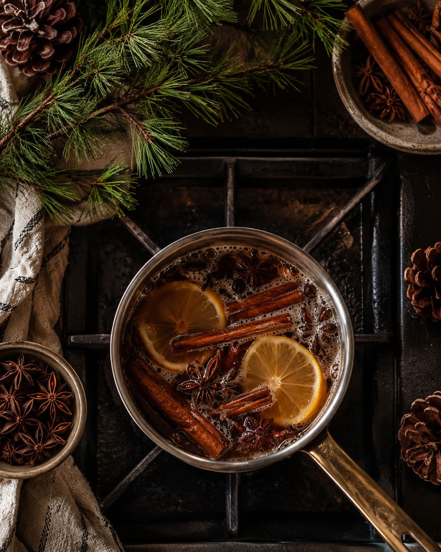 A pot of simmering spiced drink with lemon slices, cinnamon sticks, and star anise sits on a stove. Pine branches, pinecones, and bowls of spices surround the pot, creating a cozy, holiday atmosphere.