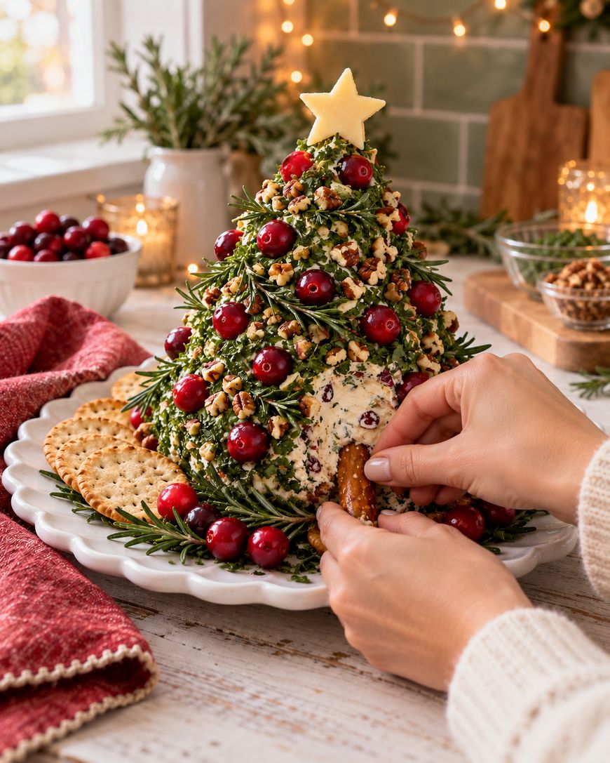A person dips a cracker into a Christmas tree-shaped cheese ball decorated with herbs, cranberries, nuts, and a star topper. Crackers and rosemary surround the tree on a platter.