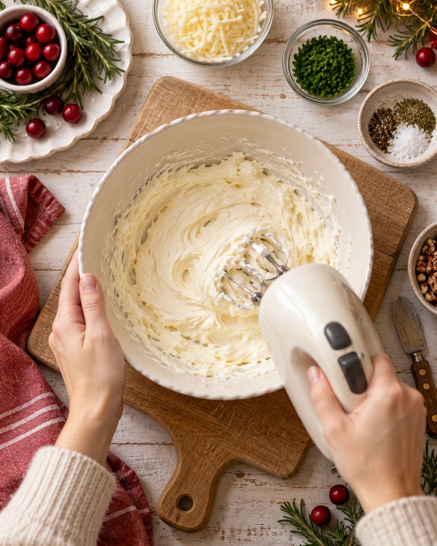 A person uses a hand mixer to blend creamy ingredients in a bowl on a wooden board, surrounded by herbs, cranberries, spices, and nuts on a festive kitchen table.