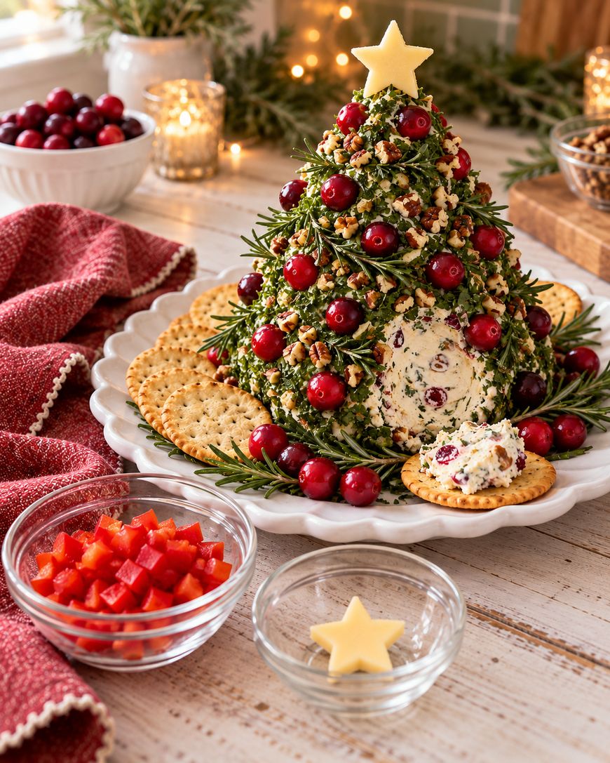 A cheese ball shaped like a Christmas tree, garnished with cranberries, herbs, and a star-shaped cheese topper, surrounded by crackers, rosemary, and bowls of chopped red bell pepper and cranberries.