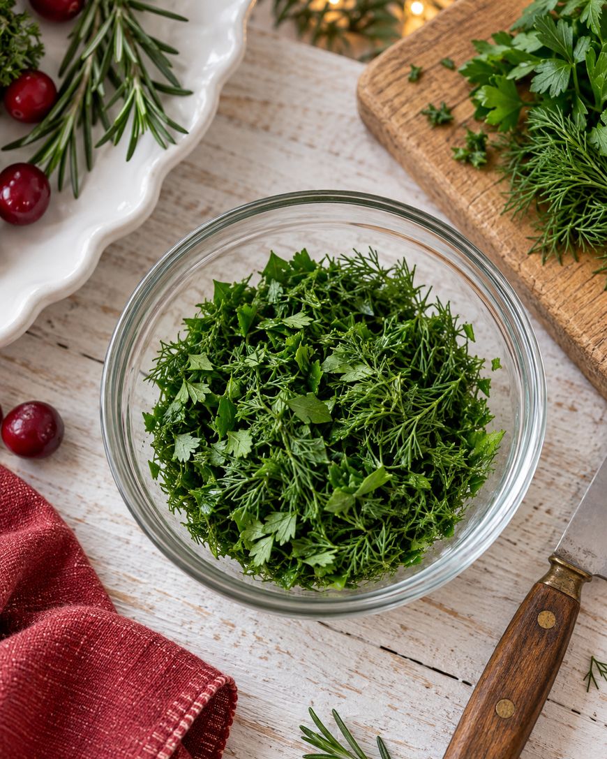 A glass bowl filled with chopped fresh herbs sits on a wooden table, surrounded by sprigs of rosemary, cranberries, a red cloth, a knife, and a cutting board with more herbs.