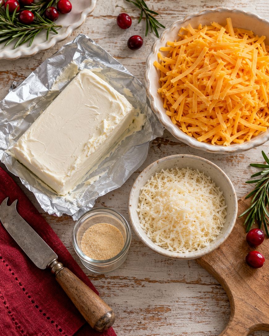 Block of cream cheese, shredded cheddar, grated parmesan, a small jar of garlic powder, rosemary sprigs, cranberries, and a cheese knife on a rustic table with a red napkin.