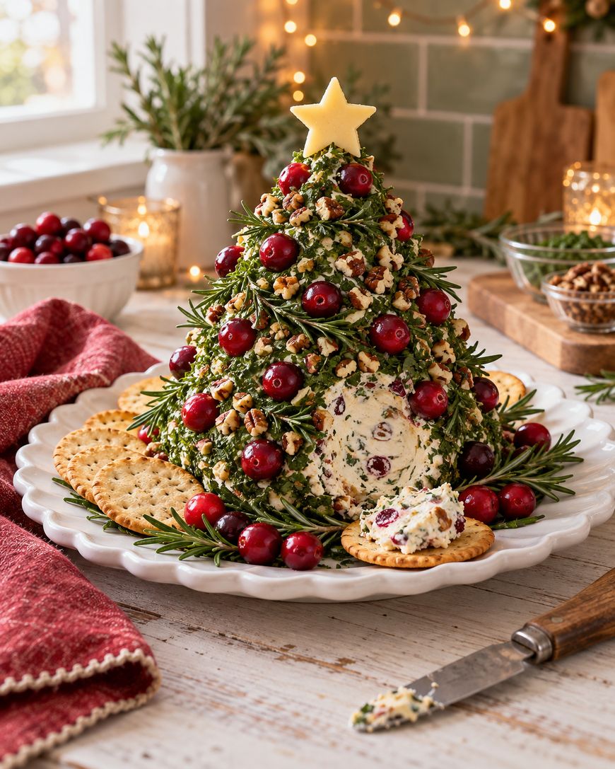 Christmas tree-shaped cheese ball garnished with cranberries, herbs, chopped nuts, and a star-shaped cheese topper, surrounded by crackers and rosemary on a white platter. A knife and holiday decor are nearby.