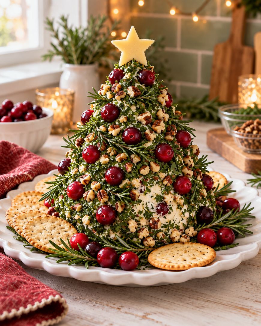 A cheese ball shaped like a Christmas tree, decorated with cranberries, herbs, and nuts, topped with a star, and surrounded by crackers and rosemary sprigs on a white plate.