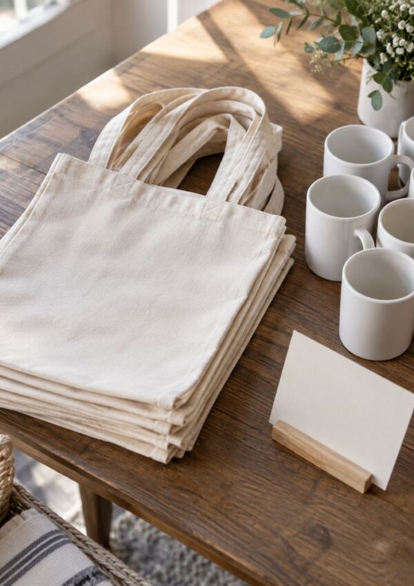 Stack of blank canvas tote bags, four white coffee mugs, and a blank card on a wooden table near a window with natural light and a green plant in the background.