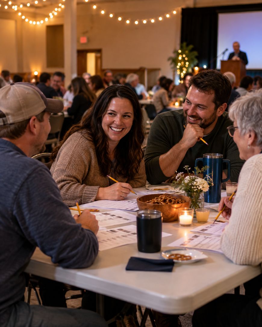 Four people sit at a table, smiling and talking, with papers, pens, drinks, and snacks in front of them. The room is warmly lit with string lights and other people are gathered in the background.