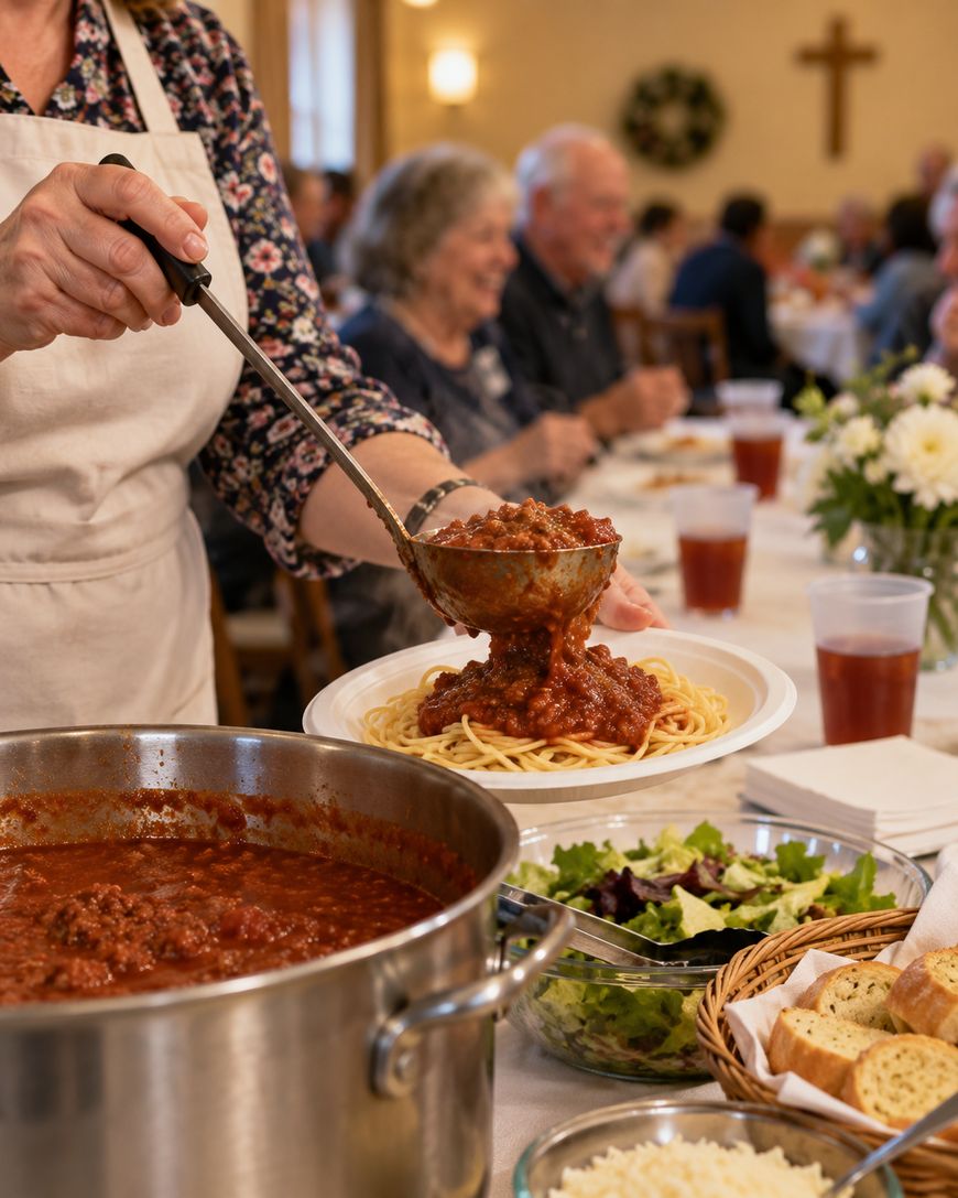 A person ladles meat sauce onto spaghetti at a community dinner. People sit at long tables in the background. There are plates, salads, bread, and drinks on the table, with a pot of sauce in the foreground.