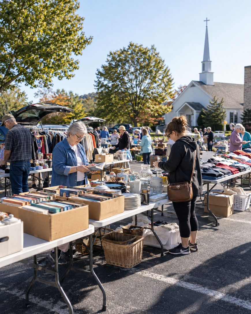 People browse tables of books, clothes, and household items at an outdoor flea market on a sunny day, with a church and trees in the background.