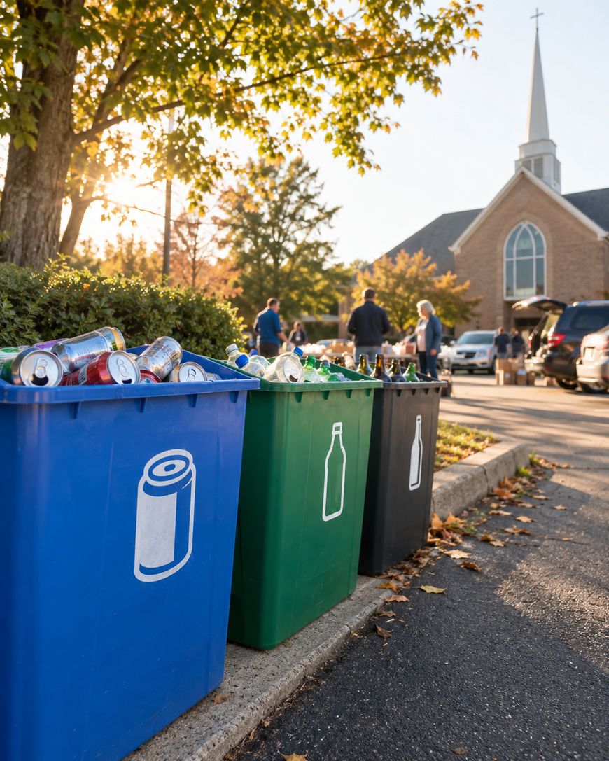 Three recycling bins for cans, bottles, and glass stand on a curb near a church as people gather in the background under trees with sunlight streaming through the leaves.