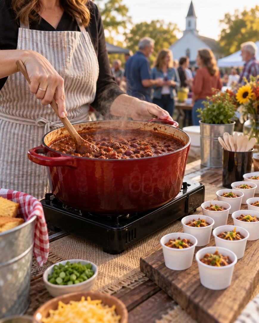 A person stirs chili in a large red pot at an outdoor event, with small cups of chili, toppings, and cornbread on a rustic table. People and a white church are visible in the background.