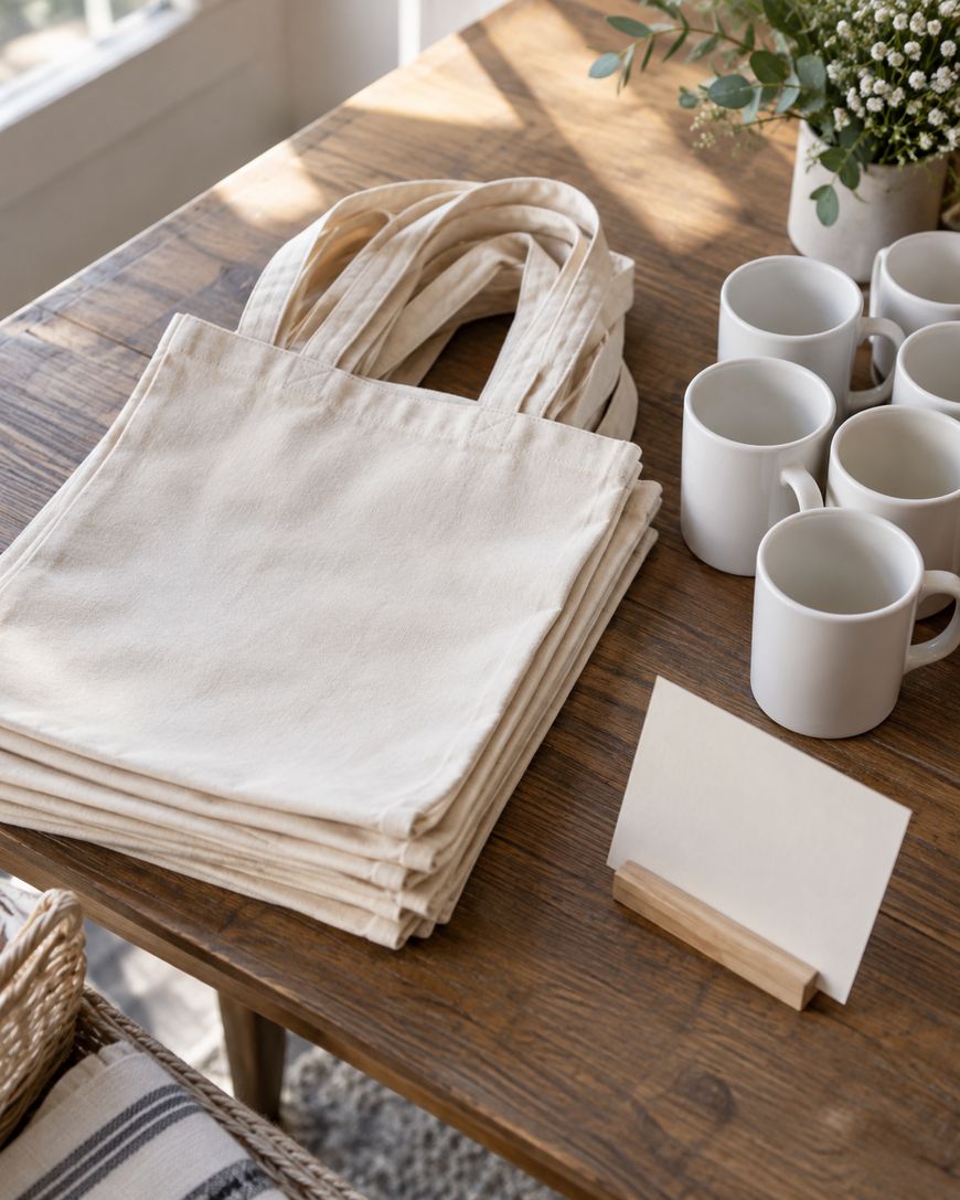 A stack of beige canvas tote bags, several white ceramic mugs, and a blank card on a wooden table, with a vase of flowers visible in the background.