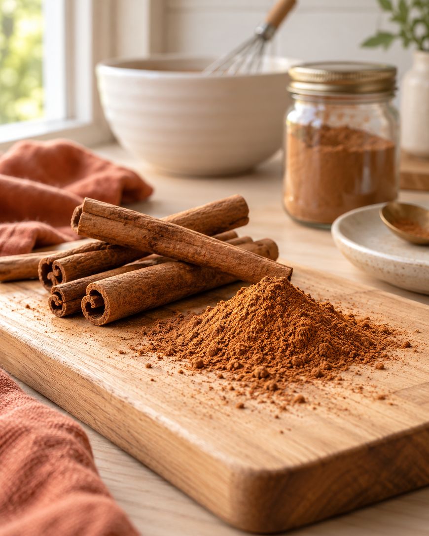 Cinnamon sticks and a small pile of ground cinnamon sit on a wooden cutting board, with a jar of cinnamon, a bowl, and a spoon in the background on a sunlit kitchen counter.