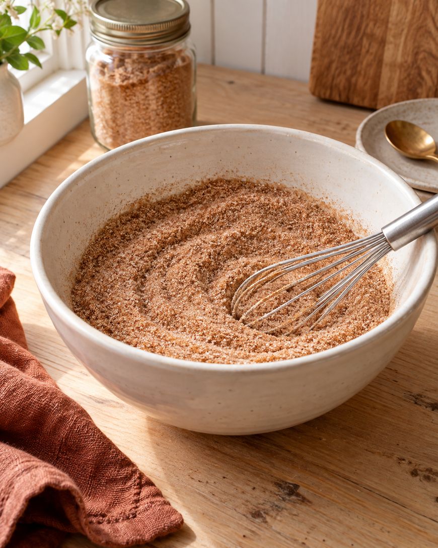 A ceramic bowl filled with a cinnamon-sugar mixture is being whisked on a wooden table. A jar of the same mixture sits in the background near a window, along with a spoon and a brown cloth napkin.