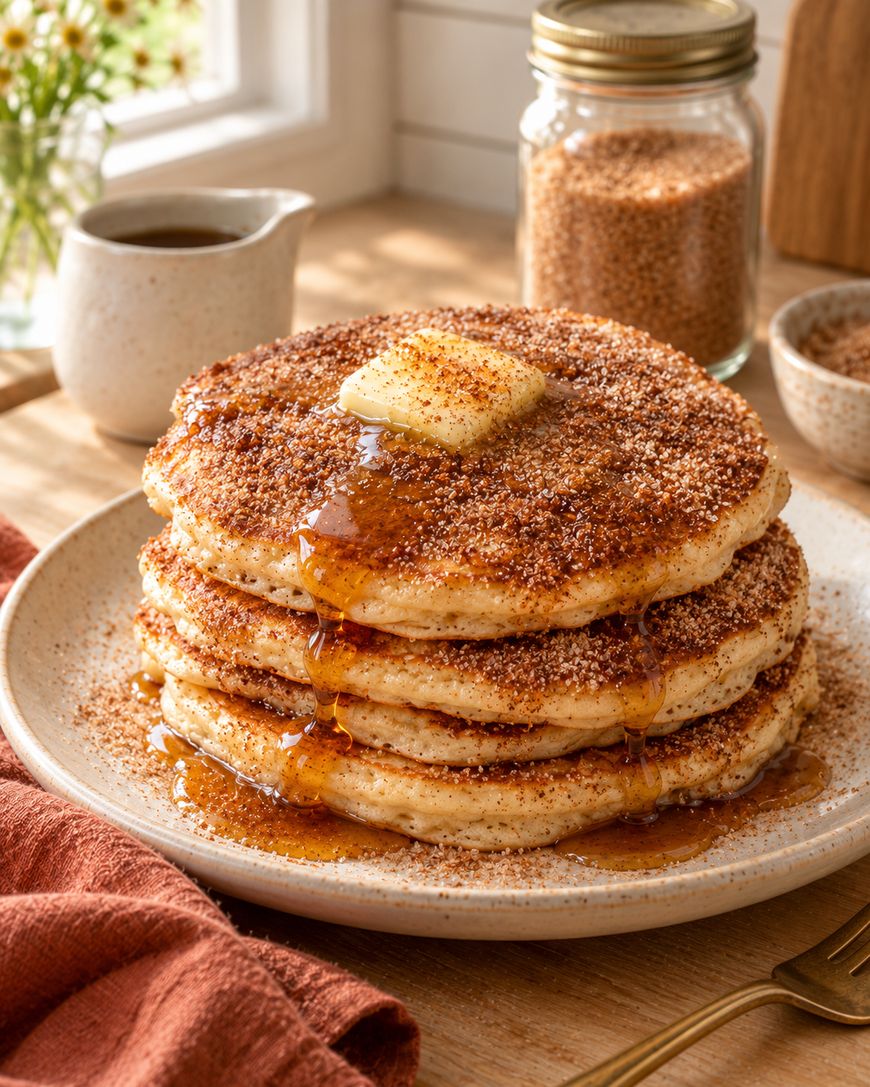 A stack of pancakes topped with a pat of butter, syrup, and brown sugar sits on a plate. A jar of brown sugar, syrup pitcher, and napkin are nearby on a sunny breakfast table.