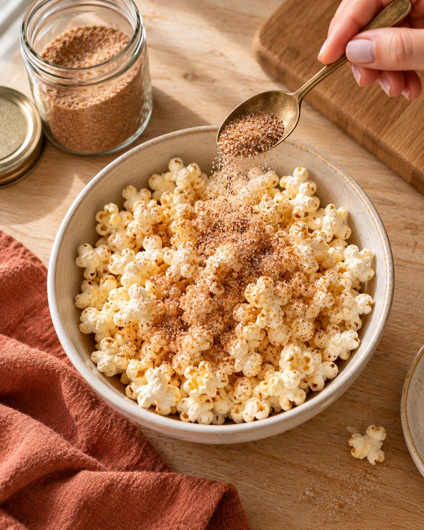 A hand sprinkles a brown seasoning over a bowl of popcorn. An open jar of seasoning and a cloth napkin are nearby on a wooden table.