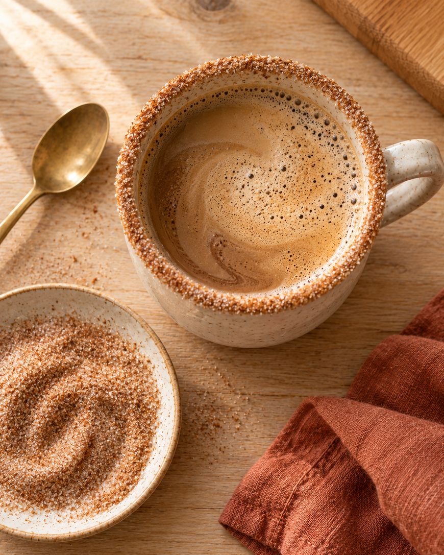A mug of frothy coffee with a cinnamon-sugar rim sits on a wooden table next to a gold spoon, a small plate of cinnamon-sugar, and a rust-colored napkin.
