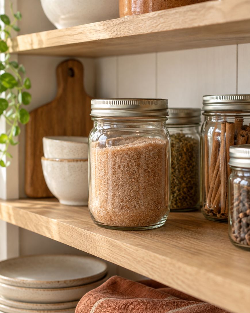 A glass jar filled with brown sugar sits on a wooden shelf beside jars of spices, white bowls, and a wooden cutting board.