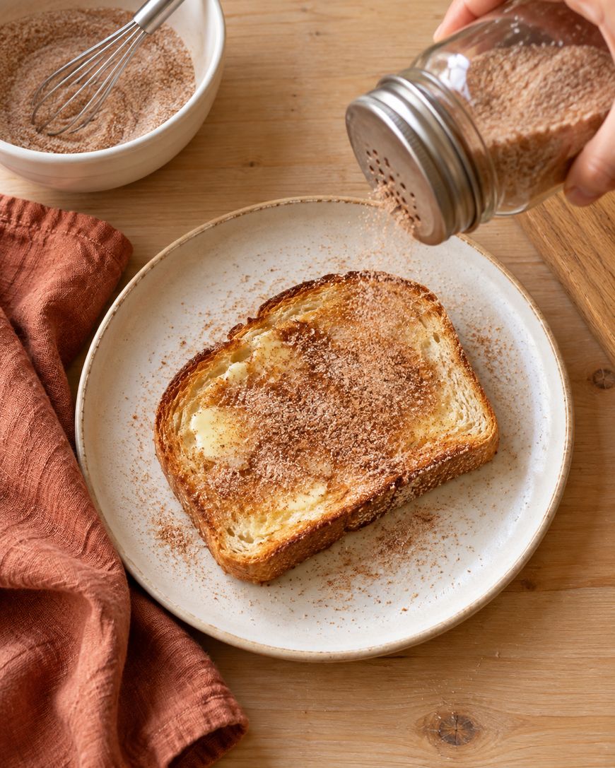 A hand sprinkles cinnamon sugar onto a buttered slice of toast on a white plate, with a bowl of cinnamon sugar and a whisk nearby on a wooden table.