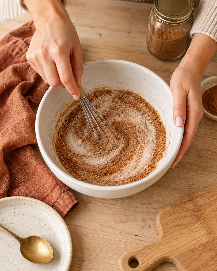 A person whisks cinnamon and sugar together in a white bowl on a wooden table, with a jar of cinnamon, plates, a spoon, and a brown cloth nearby.