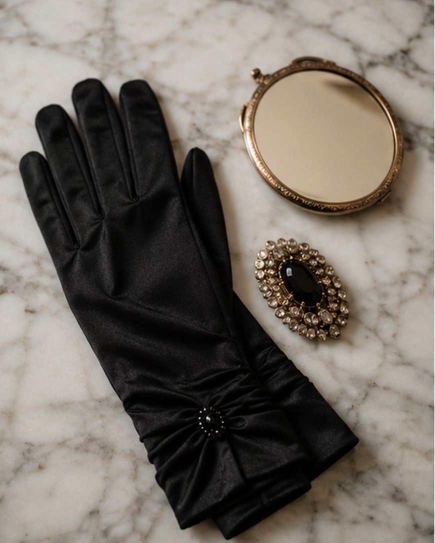 Black gloves, a jeweled brooch, and a compact mirror styled on a marble surface.